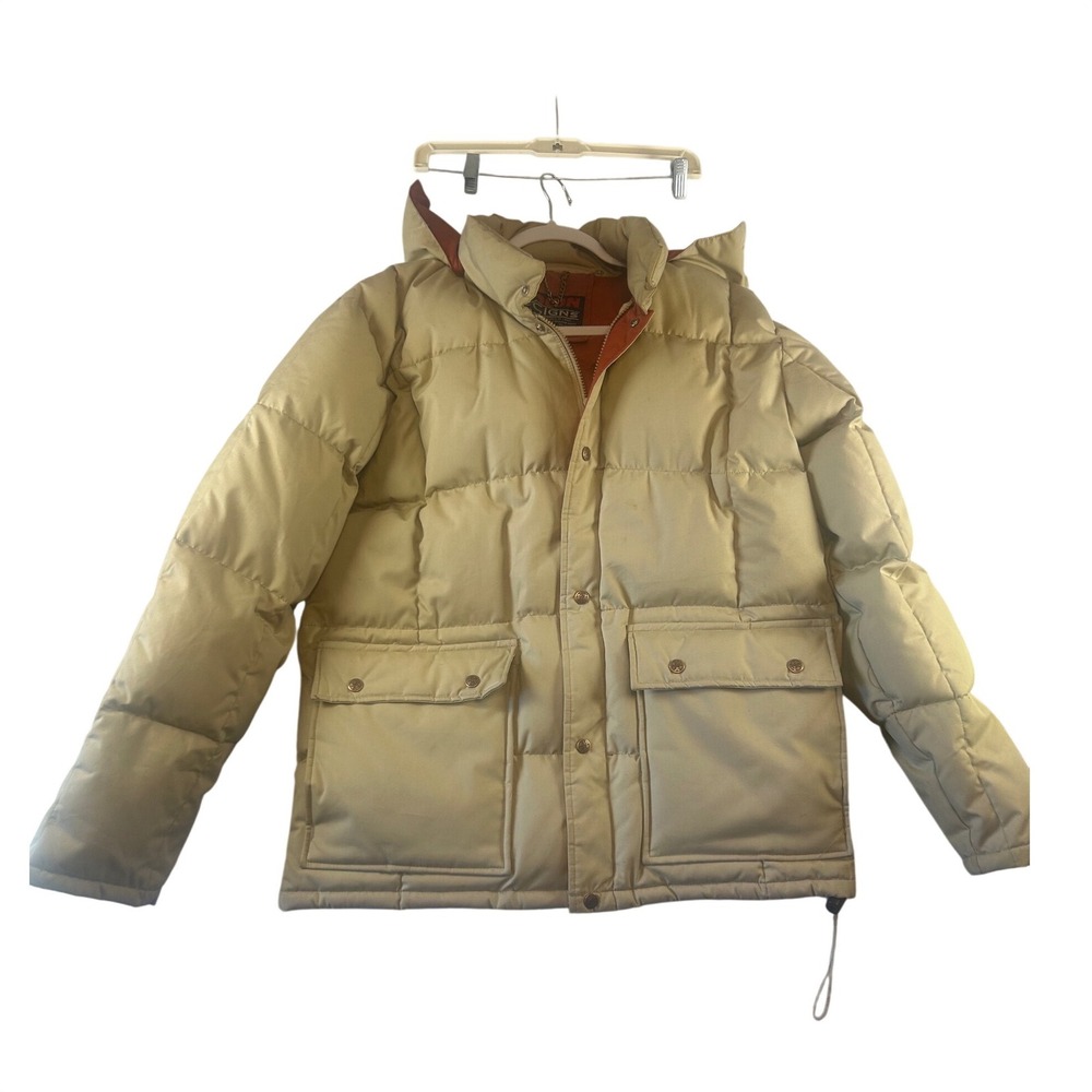 Down Designs Vintage 70's Duck Down Hooded Jacket Tan Quilted Men's Size L‎
